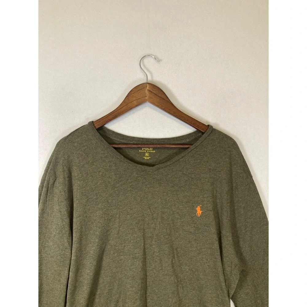 Classic Polo Ralph Lauren Men XL Olive Green V-Neck Long Sleeve Cotton Tee Shirt